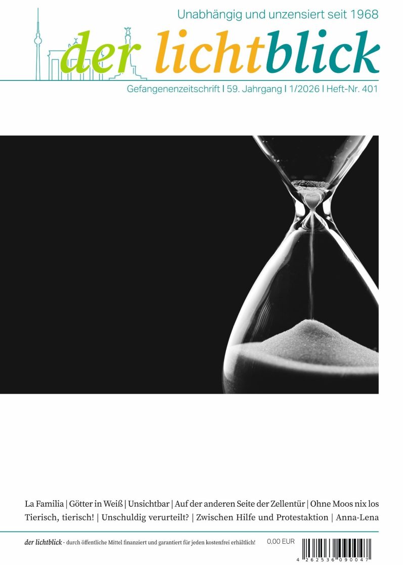der lichtblick 1-2026 Sanduhr auf einem minimalistischen Hintergrund. Titel "der lichtblick" sichtbar.