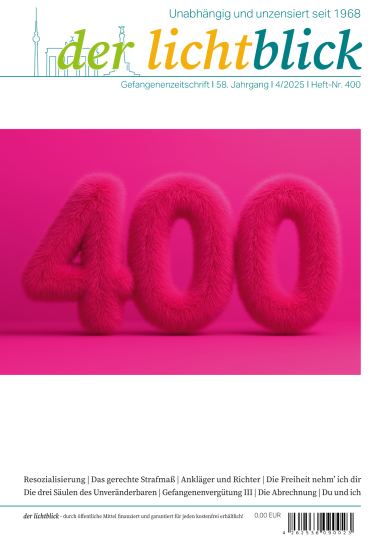 04/2025 Titel "der lichtblick" mit der Zahl 400 in pinker, texturierter Schrift auf buntem Hintergrund.