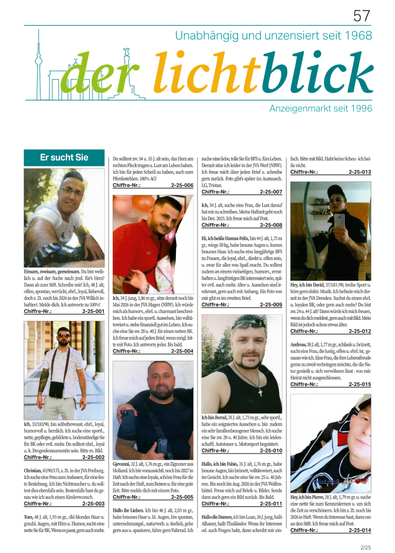 Link zum Anzeigenmarkt Seite mit mehreren Porträtfotos und Texten von verschiedenen Personen.